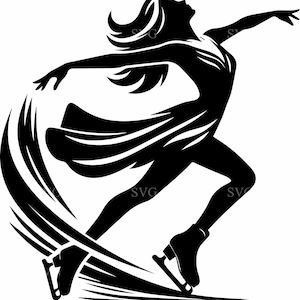 Puede incluir: Silueta en blanco y negro de una patinadora artística en movimiento. La patinadora lleva un vestido y patines, con los brazos extendidos. La imagen captura la gracia y fluidez del patinaje artístico, con líneas dinámicas que sugieren movimiento.