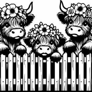 May include: Black and white illustration of three Highland cows with flower crowns, peeking over a white picket fence. The cows have fluffy fur and large horns. One cow has a heart-shaped earring.