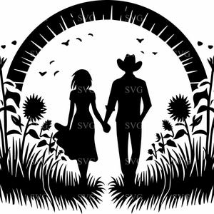 Pareja de campo SVG, 4 archivos de corte de paseo romántico al atardecer, silueta de amor de granja rústica, descarga digital