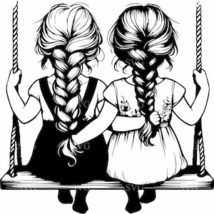 Sorelle sull'altalena SVG 4 File di taglio / Ragazze intrecciate sedute sull'altalena / Clipart di amicizia carina per Cricut e Silhouette Crafts