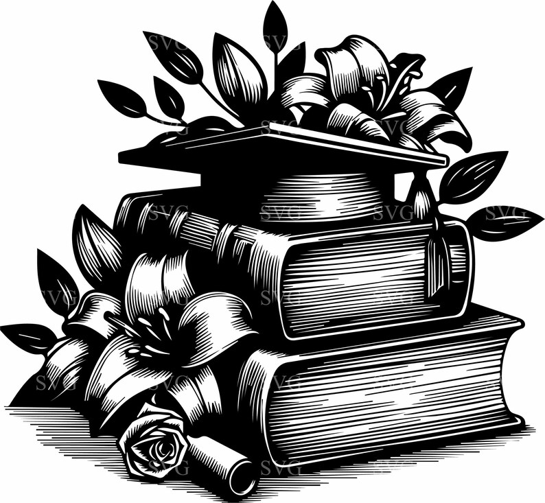 8 Floral Graduation Books SVG, Stacked Academic Silhouette Cut File ...