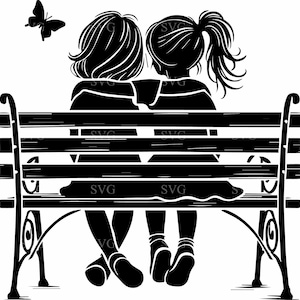 4 Sisters Silhouette SVG, Two Girls Hugging on Bench, Friendship Digital Cut File for DIY Crafts
