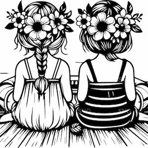 Archivo SVG de 4 cortes para 4 chicas en el muelle / Diseño de amigos con corona floral / Clipart de niños lindos para manualidades con Cricut y Silhouette
