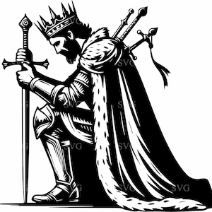 Kneeling King with Sword SVG 4 Cut File - Noble Monarch in Armor and Crown, Medieval Royalty Art, Digital Download