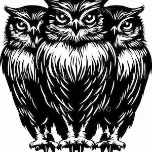 Trio of uilen SVG 4 gesneden bestand - gedetailleerd ontwerp uil silhouet - bos dierenkunst voor ambachten