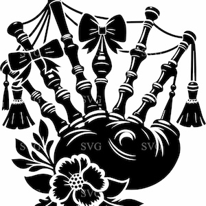 Puede incluir: Ilustración vectorial en blanco y negro de una gaita, un instrumento musical escocés tradicional. La gaita presenta múltiples tubos, lazos decorativos, borlas y un diseño floral en la base.