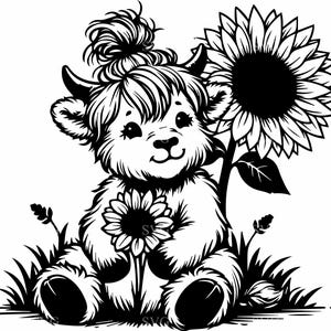 8 Vache tournesol SVG - 8 veau Highland mignon fichier de coupe avec noeud pour Cricut, décoration fille de ferme, chambre d'enfant Art & projets d'artisanat en vinyle