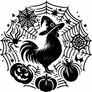 6 Galo Bruxo SVG | 6 Arquivos de Corte de Galinha de Halloween com Chapéu e Teia de Aranha | Clipart de Pássaro de Fazenda Assustador para Cricut e Silhouette