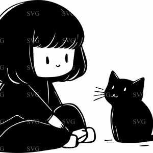 Ragazza carina e gatto SVG, 4 adorabili silhouette di amicizia, clipart di animali domestici kawaii, file di taglio digitale accogliente per Cricut e sublimazione