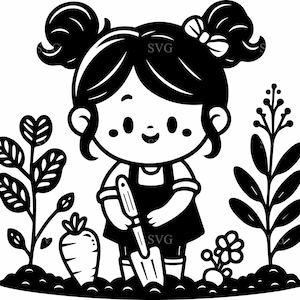 6 Gardener girl SVG – 6 Cute child watering plants cut file – Gardening kid clipart for spring crafts and nature projects