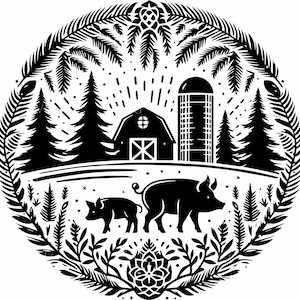Puede incluir: Ilustración circular en blanco y negro de una escena de granja. Un granero, un silo y pinos están en el fondo. Dos cerdos están en primer plano, rodeados de follaje. El diseño está enmarcado por un borde decorativo.