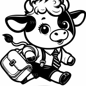 Fichier de coupe SVG 4 vache scolaire mignonne, adorable vache avec sac à dos et cravate, parfait pour les travaux manuels de la rentrée avec Cricut et Silhouette