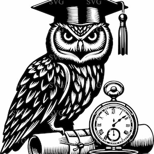 4 Graduation Owl SVG 4 Cut File, Wise Owl with Cap, Diploma, and Clock, Academic Achievement Silhouette, Digital Download