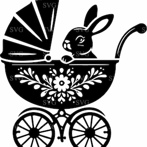 Bunny in Carriage SVG, 7 file di taglio per coniglietti, clipart di passeggino floreale per Cricut, silhouette di animali pasquali