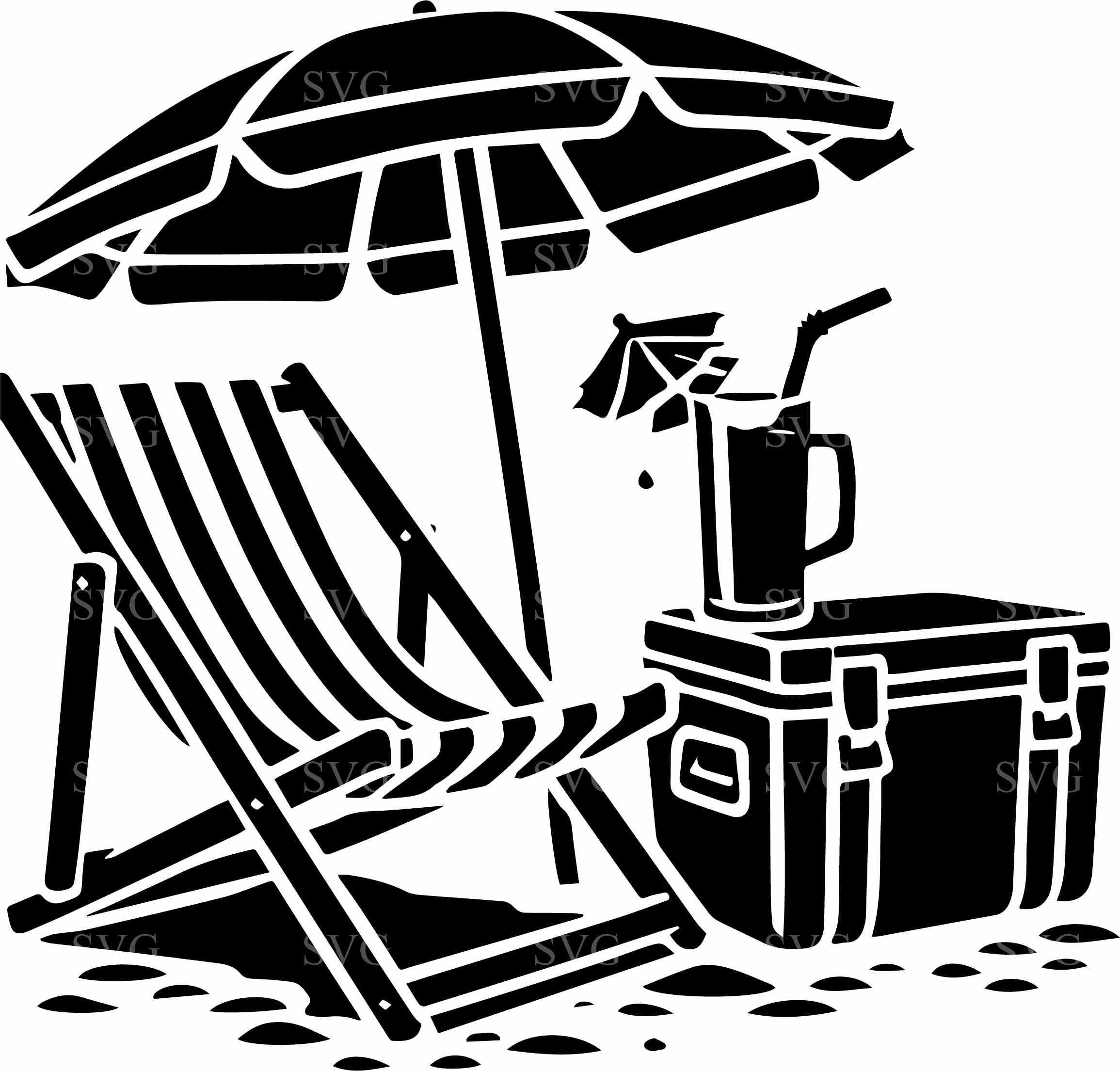 Beach Chair SVG 5 Cut File - Summer Scene with Umbrella, Cooler, and Drink - Relaxation Clipart for Crafts
