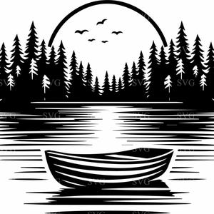 File di taglio SVG di 4 barche a remi sul lago, scena di silhouette di riflesso nella foresta per Cricut, download digitale di clipart di natura tranquilla