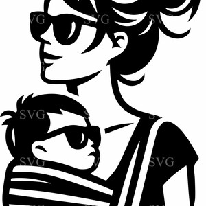 6 Cool Mom and Baby SVG 6 Arquivo de corte, Mãe estilosa com óculos de sol segurando bebê, Silhueta de família moderna, Download digital