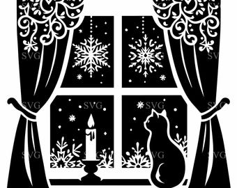 6 Escena de gato invernal en ventana SVG, archivo de corte navideño de copo de nieve (descarga digital)