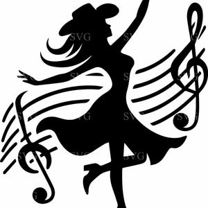 Peut inclure: Silhouette noire d'une femme portant un chapeau de cow-boy et dansant avec une clé de sol et des notes de musique. La jupe de la femme flotte au vent.