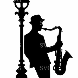 4 Muzyk jazzowy SVG 4 Plik do cięcia, Saksofonista Street Art Clipart, Jazz Man Digital Download dla Cricut i Silhouette