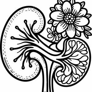 May include: A black and white line drawing of a kidney with a stylised flower growing from it.
