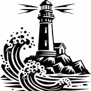 May include: A black and white illustration of a lighthouse on a rocky shore with waves crashing against the rocks. The lighthouse has a beam of light shining from the top.