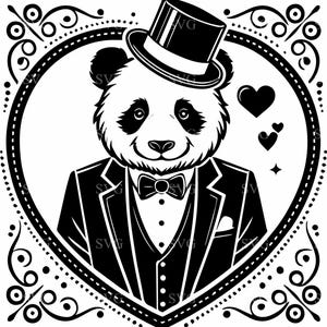 Panda mit Zylinder SVG - 5 Elegante Panda Silhouette in Herzrahmen - Perfekt für Cricut Crafts