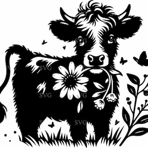 4 vache Highland SVG, 4 vache mignonne avec fichier de coupe Marguerite, SVG animal de ferme rustique pour Cricut et Silhouette