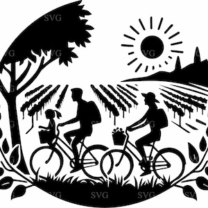 5 familie fietstocht SVG-bestand knippen, platteland wijngaard fietsen scène silhouet voor Cricut, outdoor avontuur clipart