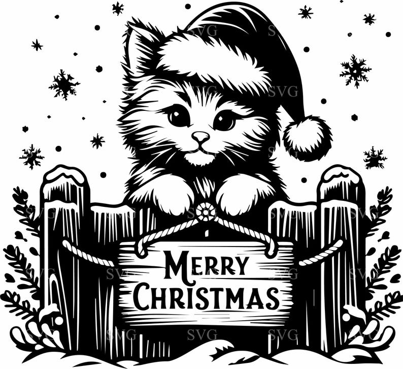 4 Christmas Cat SVG – Kitten With Santa Hat, Merry Christmas Sign (cut ...