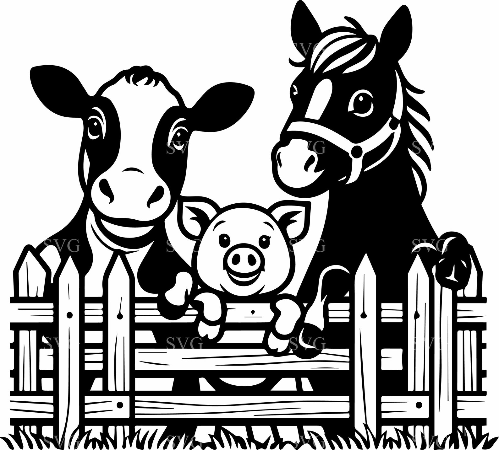 6 Farm Animal SVG, 6 Cow Pig Horse Cut File, Cute Farm Fence SVG, Farm ...