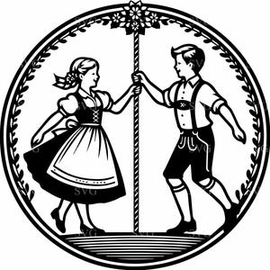 May include: Black and white illustration of a couple dancing around a pole, framed by a circular border of leaves. The couple is dressed in traditional attire, with the woman in a dress and the man in lederhosen. Floral accents adorn the top of the pole.