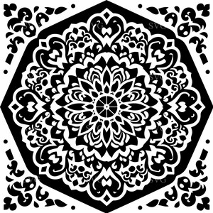 Puede incluir: Diseño de mandala geométrico en blanco y negro. El patrón simétrico presenta formas florales y abstractas dentro de un marco octogonal. Adecuado para diversos proyectos de arte digital y decoración del hogar.