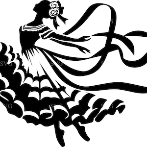 May include: A black and white silhouette graphic of a dancer in a long, ruffled skirt with a wide, flowing hem. The figure wears a floral hair accessory and has long, trailing ribbons extending from the arms, creating a dynamic, swirling motion.