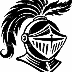 Puede incluir: Ilustración en blanco y negro de un yelmo de caballero. El yelmo presenta una visera con ranuras verticales, una cruz y un penacho de plumas. El diseño es una representación clásica de la armadura medieval.