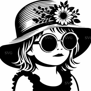 Zomermeisje SVG 5 gesneden bestand, schattig kind met zonnehoed en zonnebril, Happy Vacation silhouet, digitale download
