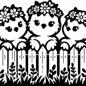 6 lentekuikens SVG, 6 drie schattige kuikens met bloemkronen op hek gesneden bestand, perfect voor de Cricut en Silhouette Crafts