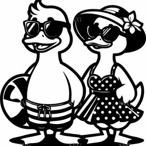 10 parejas de gansos playeros SVG: 10 patos de verano en traje de baño, clipart de pato de vacaciones retro PNG, archivo de corte Cricut para un divertido día de piscina