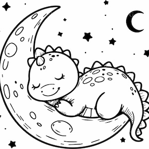 月で眠る恐竜 SVG 4 カット ファイル、赤ちゃん恐竜の夜間のシルエット、かわいい星の Cricut デザイン