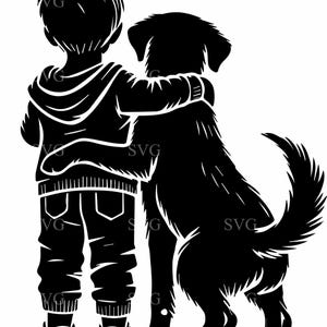 May include: A black and white silhouette of a child hugging a dog. The child is wearing a hooded sweatshirt and jeans. The dog has a long tail and is standing on all fours.
