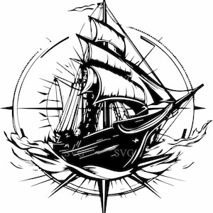 Fichier coupe SVG 4 voilier, Silhouette boussole nautique, clipart vintage grand voilier, emblème de bateau pirate, art bateau océan