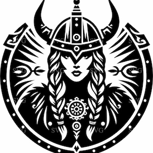 May include: Black and white illustration of a female warrior wearing a horned helmet and armour. She has long braids and a fierce expression. The image is stylised and has a tribal feel.