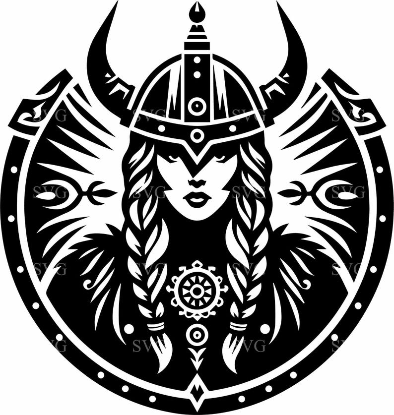 May include: Black and white illustration of a female warrior wearing a horned helmet and armour. She has long braids and a fierce expression. The image is stylised and has a tribal feel.
