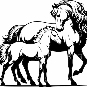 Cheval et poulain SVG 4 fichier coupe | Clipart animaux de la ferme pour Cricut | Mère cheval avec bébé Design SVG