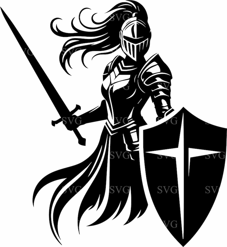 May include: A black and white illustration of a knight in armour, holding a sword and shield. The knight has flowing hair and a helmet. The shield features a cross design. The image has a strong, bold aesthetic, suitable for various applications.