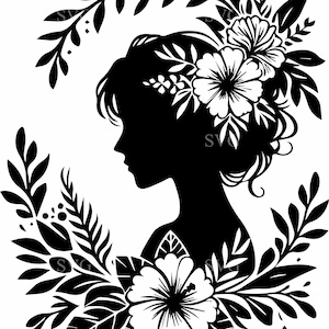 8 siluetas florales de niña SVG – 8 imágenes prediseñadas de mujer con corona, perfil floral femenino PNG, archivo de corte SVG de cabeza floral de Cricut