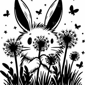 4 file di taglio SVG di Bunny Dandelions, file di taglio di Adorabile coniglio in un campo di fiori per Cricut e Silhouette Crafts