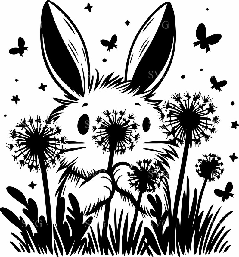 4 Bunny Dandelion SVG File, Rabbit Flower Field Cut File (digital ...