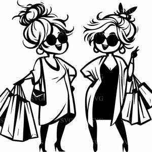 7 fichiers coupés SVG femmes commerçantes, Silhouette copines avec des sacs, Clipart femmes mode pour Cricut et découpe laser