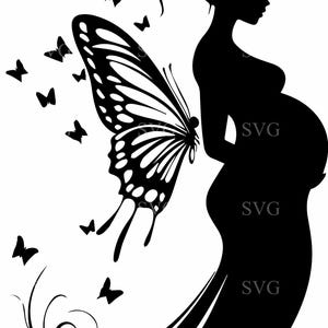 Arquivo de corte SVG 7 de fada grávida - Silhueta elegante com asas de borboleta - Clipart mágico para artesanato e decoração de chá de bebê